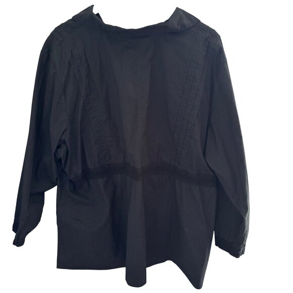 Susan Graver Style Black Button Up Collared Shirt Top Sz XL Cotton Lace Pin Tuck - Picture 2 of 9